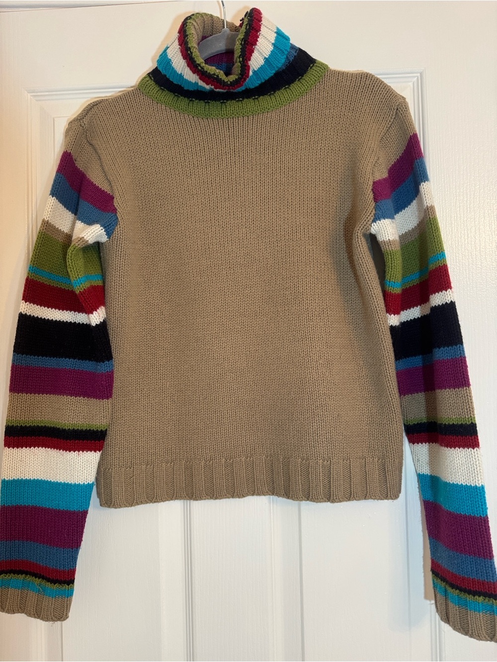 Zara Khaki Turtleneck Sweater with Multicolor Striped Sleeves